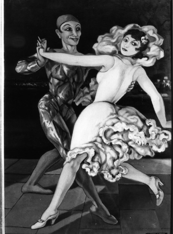 Arlecchino e Colombina, coppia in costume che danza (dipinto) di Martini Alberto (sec. XX)