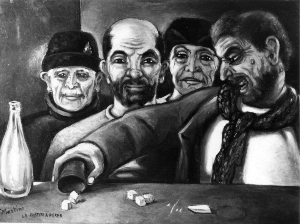 La partita a poker, giocatori di dadi (dipinto) di Martini Alberto (sec. XX)