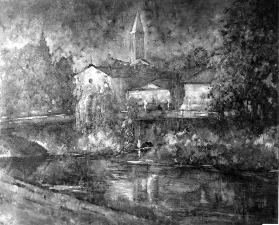 Veduta dal Monticano, paesaggio fluviale (dipinto) di Stevan Resy (sec. XX)
