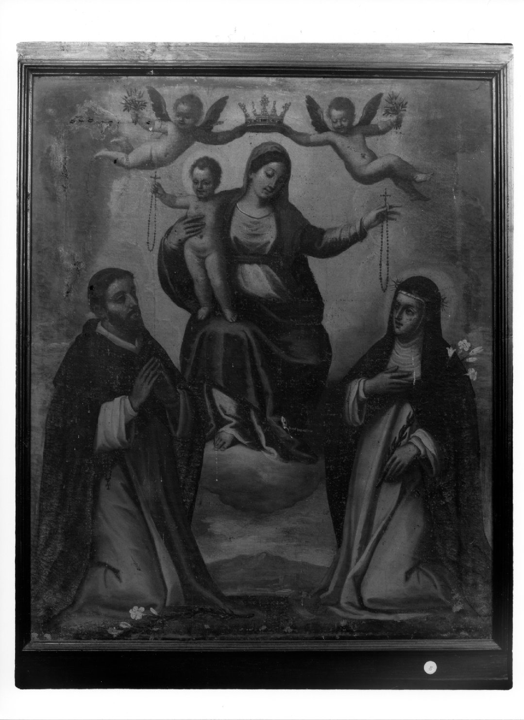 Madonna del Rosario con San Domenico, Santa Rita da Cascia e angeli reggicorona (dipinto) - ambito bellunese (inizio sec. XX)