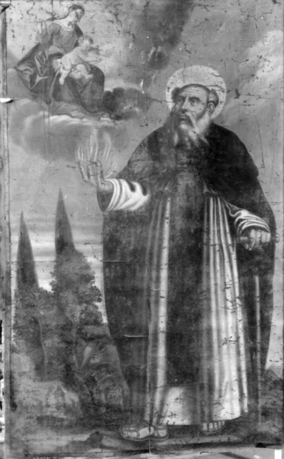 Madonna del Rosario con San Domenico e Santa Rosa da Lima/ Madonna del Rosario appare a Sant' Antonio Abate (dipinto) di Stefano - ambito bellunese (sec. XVIII)