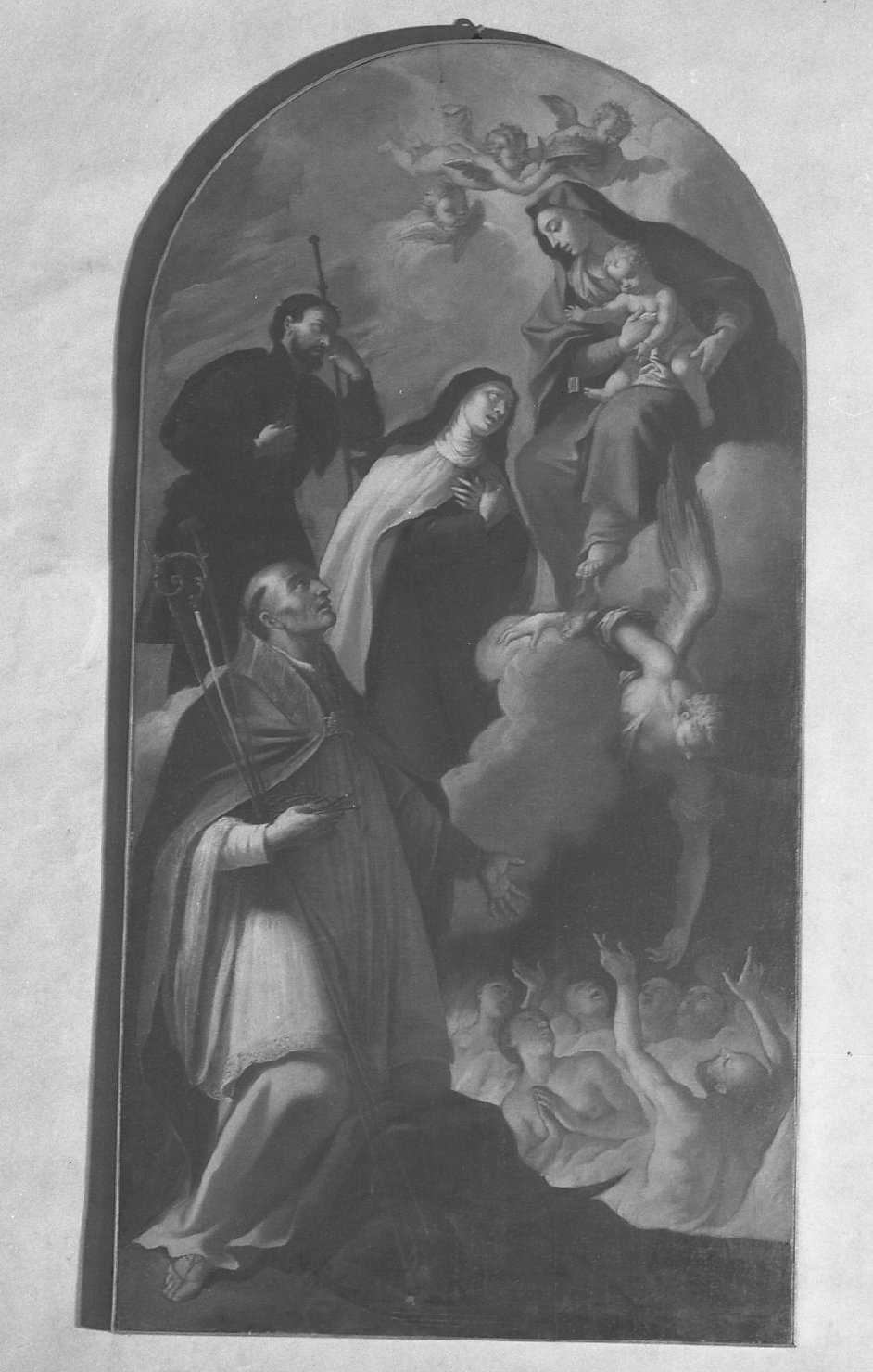 Madonna con Bambino, Santa Teresa d'Avila, San Simone Stock e santo Vescovo (dipinto) - ambito veneto (prima metà sec. XVIII)