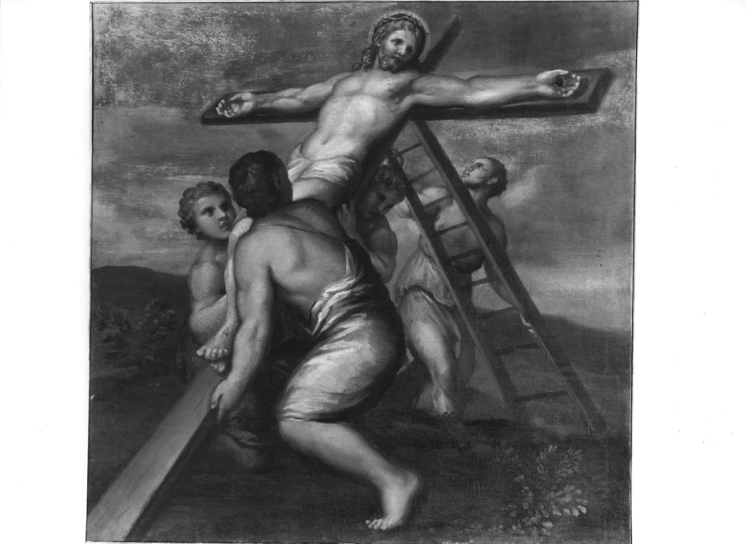 Gesù innalzato e morto in croce (dipinto) di Pellegrini Girolamo (attribuito) (sec. XVII)