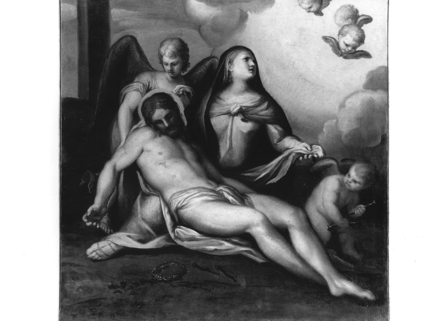 compianto sul Cristo morto (dipinto) di Pellegrini Girolamo (attribuito) (sec. XVII)