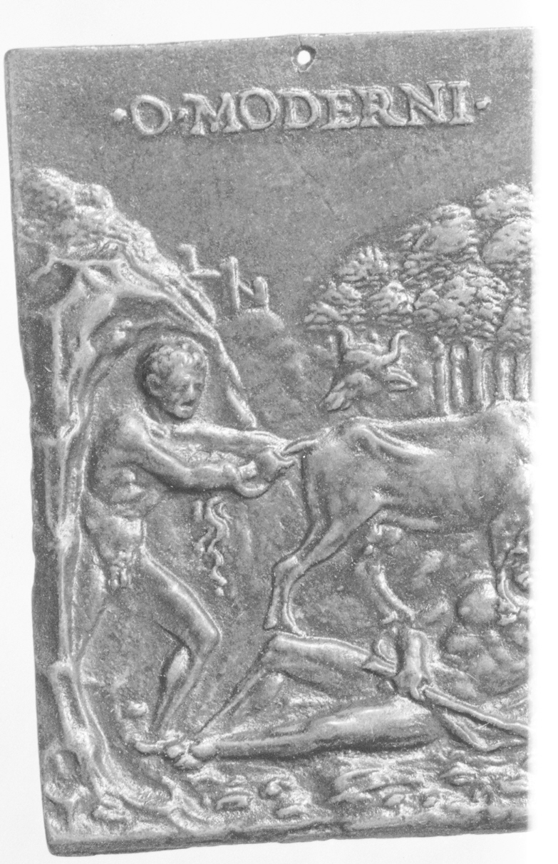 Ercole e Caco (placchetta, opera isolata) di Mondella Galeazzo detto Moderno (fine/inizio secc. XV/ XVI)