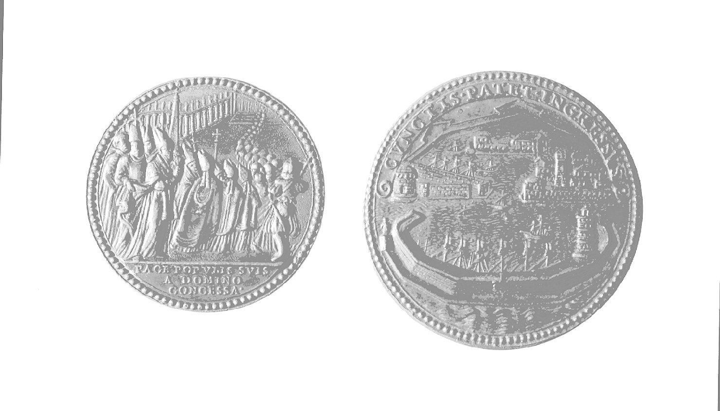 navi in un porto fortificato (medaglia, elemento d'insieme) - ambito romano (sec. XVII)