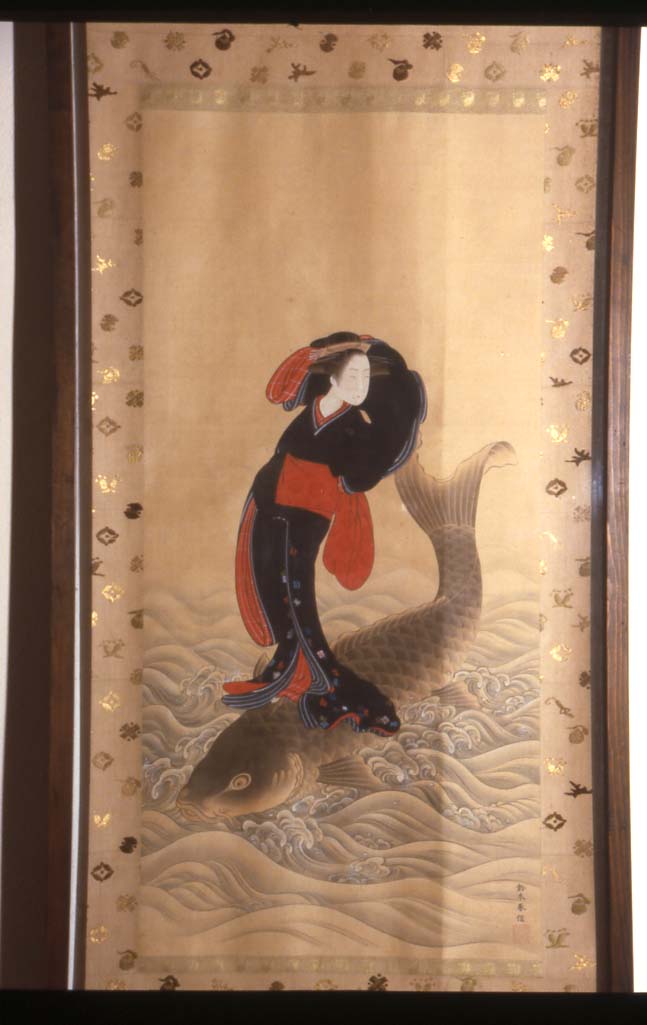 Giovinetta in piedi sulla schiena di una grossa carpa, figura femminile (dipinto, opera isolata) di Suzuki Harunobu (sec. XVIII)