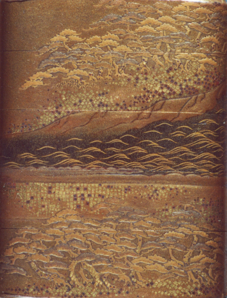 alberi, corso d'acqua, ponte (inro, opera isolata) - ambito giapponese (secc. XVII/ XIX)
