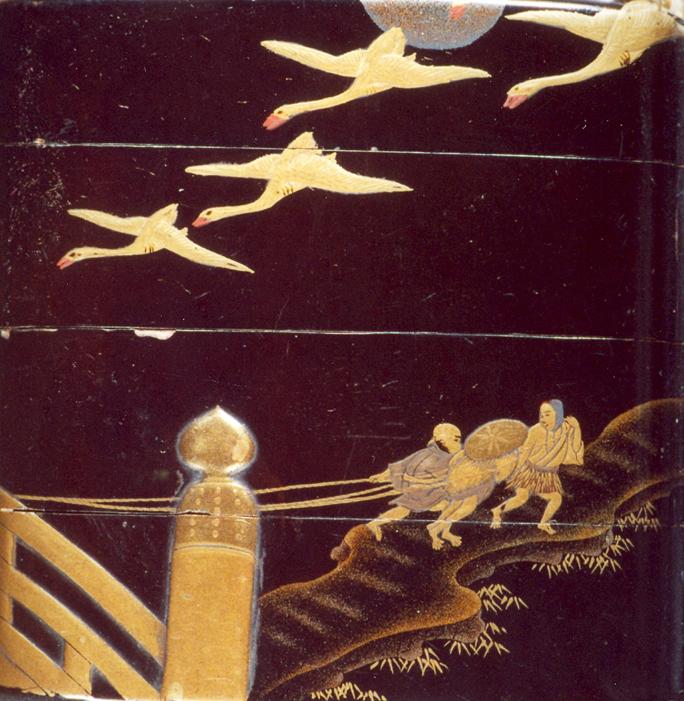 figure e uccelli (inro, opera isolata) - ambito giapponese (secc. XVII/ XIX)