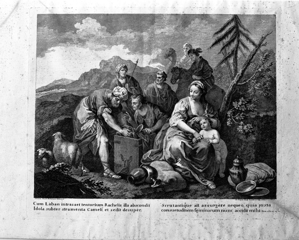 Labano e Rachele, Rachele nasconde gli idoli del padre nella sella del cammello (stampa, serie) di Volpato Giovanni, Amigoni Jacopo (sec. XVIII)