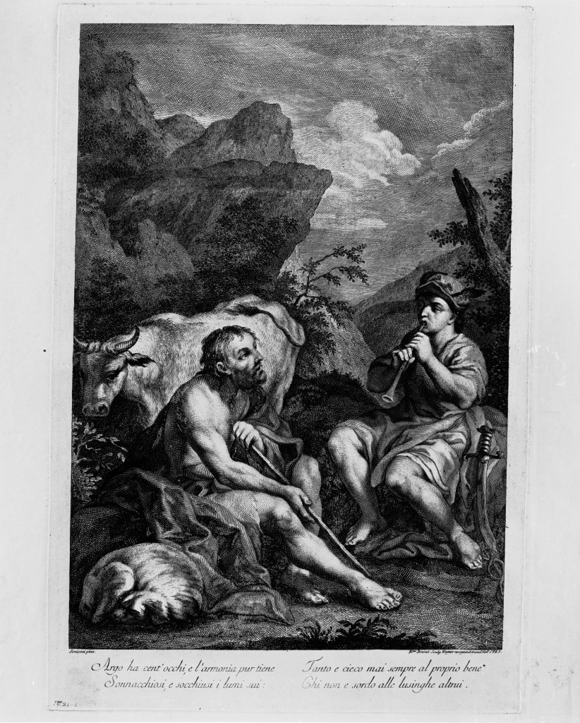 Paesaggio con pastori, scena pastorale (stampa) di Brunet Francois Jean, Amigoni Jacopo (seconda metà sec. XVIII)