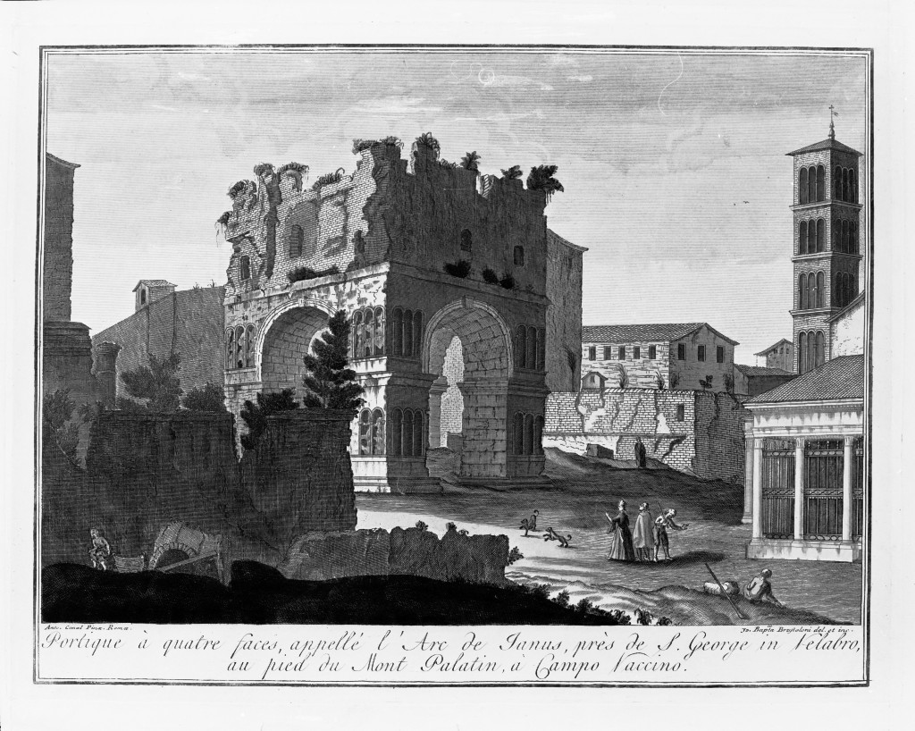 Portique à quatre faces, appellé l'Arc de Janus .., architettura (stampa, serie) di Brustolon Giovanni Battista, Canal Antonio detto Canaletto (ultimo quarto sec. XVIII)