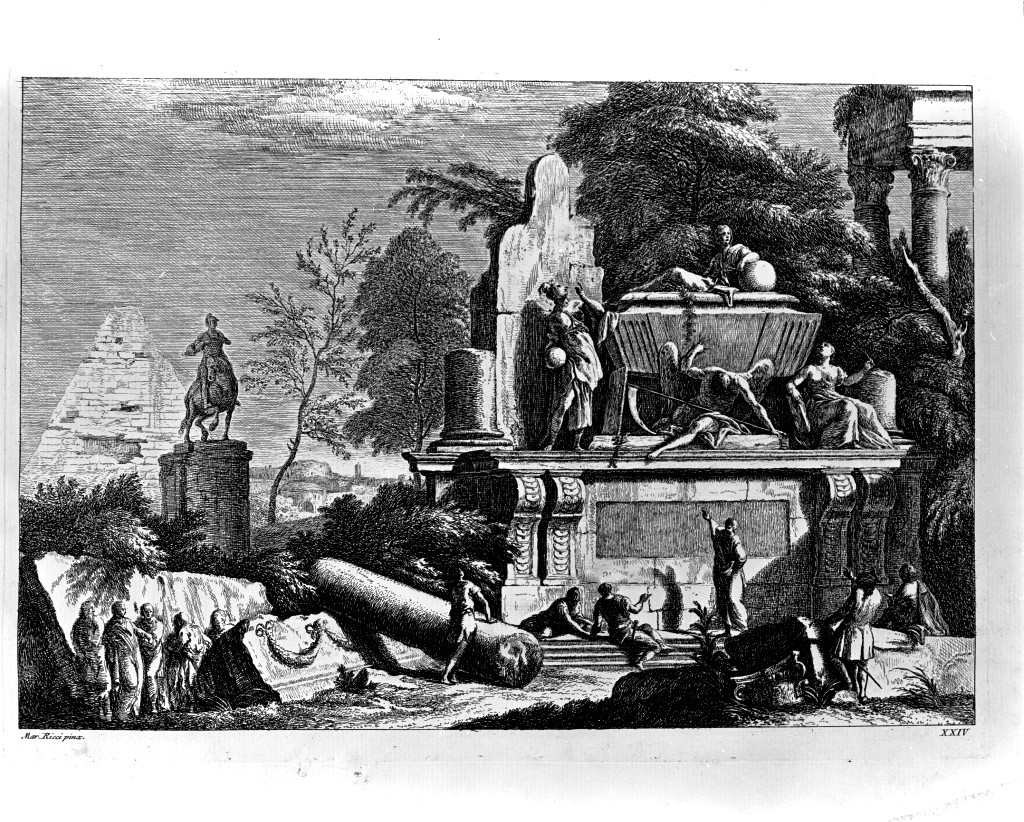 paesaggio con rovine (stampa, elemento d'insieme) di Fossati Davide Antonio (attribuito), Ricci Marco (attribuito) (sec. XVIII)