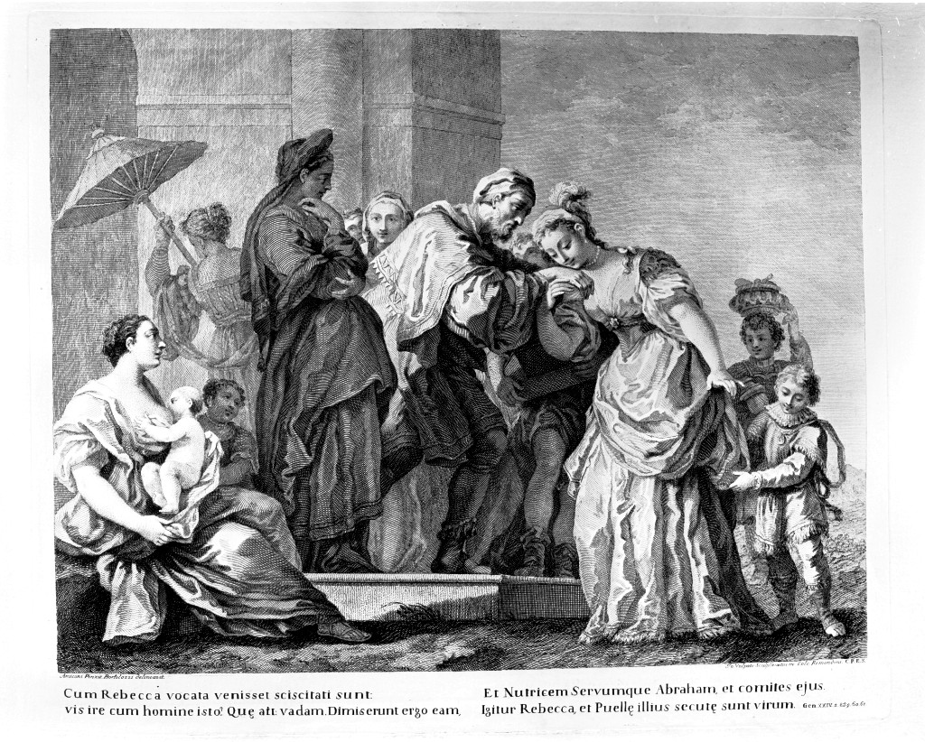 Rebecca prende commiato dai genitori (stampa, elemento d'insieme) di Volpato Giovanni (attribuito), Amigoni Jacopo (attribuito) (sec. XVIII)