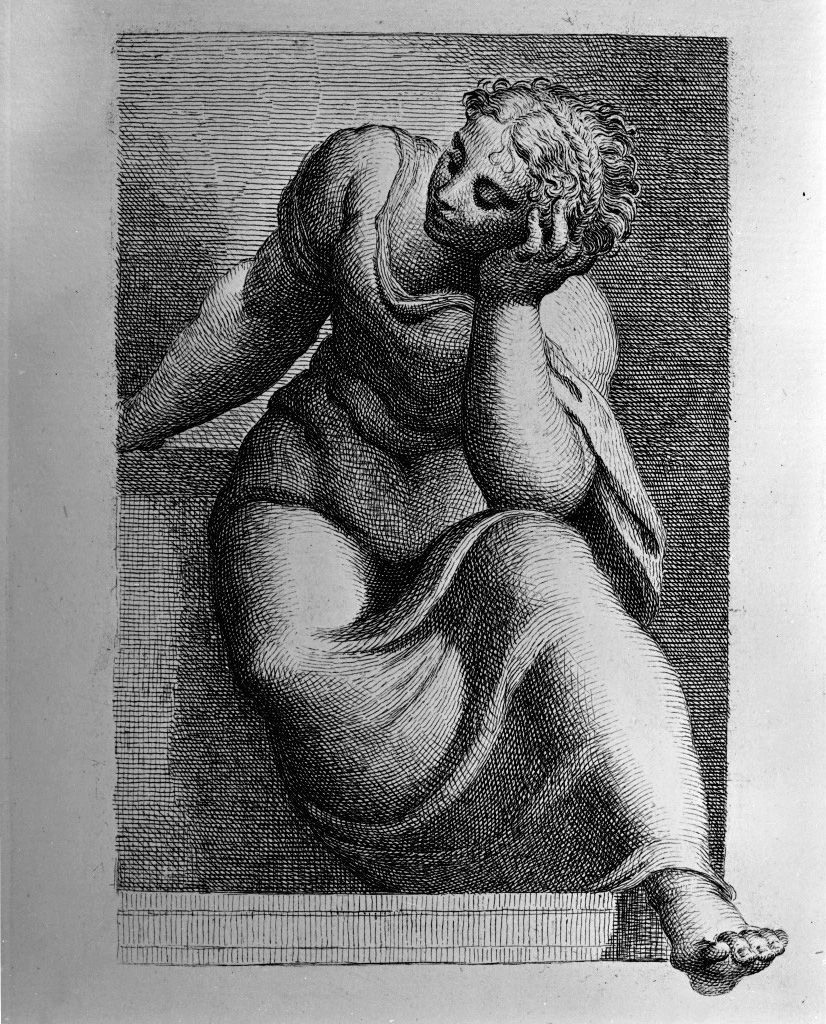 figura femminile seduta (stampa, elemento d'insieme) di Zanetti Anton Maria (attribuito), Robusti Jacopo detto Tintoretto (attribuito) (sec. XVIII)