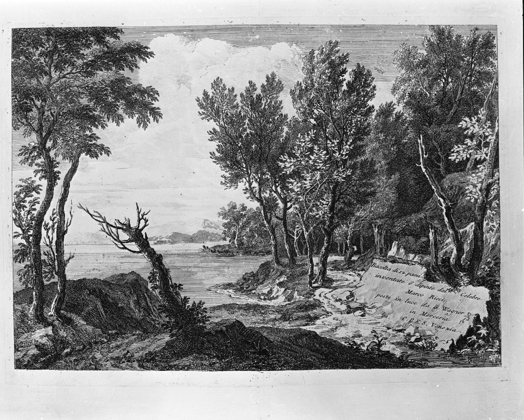 paesaggio lacustre (stampa, serie) di Giampiccoli Giuliano (prima metà sec. XVIII)