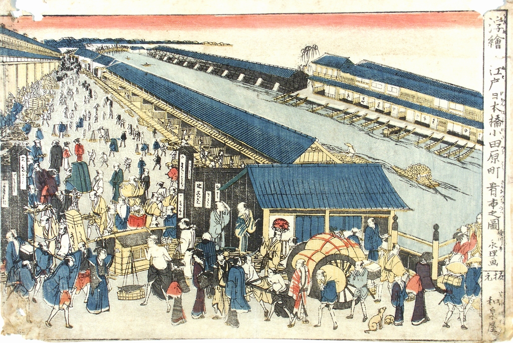 Stampa prospettica, quadro del mercato di pesce di Odawaracho al ponte Nihon di Edo, paesaggio con figure (stampa a colori) di Rekisentei Eiri (secc. XVIII/ XIX)