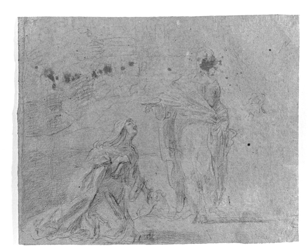 Studio di mani (verso), Cristo guarisce la figlia della cananea (disegno, elemento d'insieme) di Viani Domenico Maria (attribuito) (secc. XVII/ XVIII)