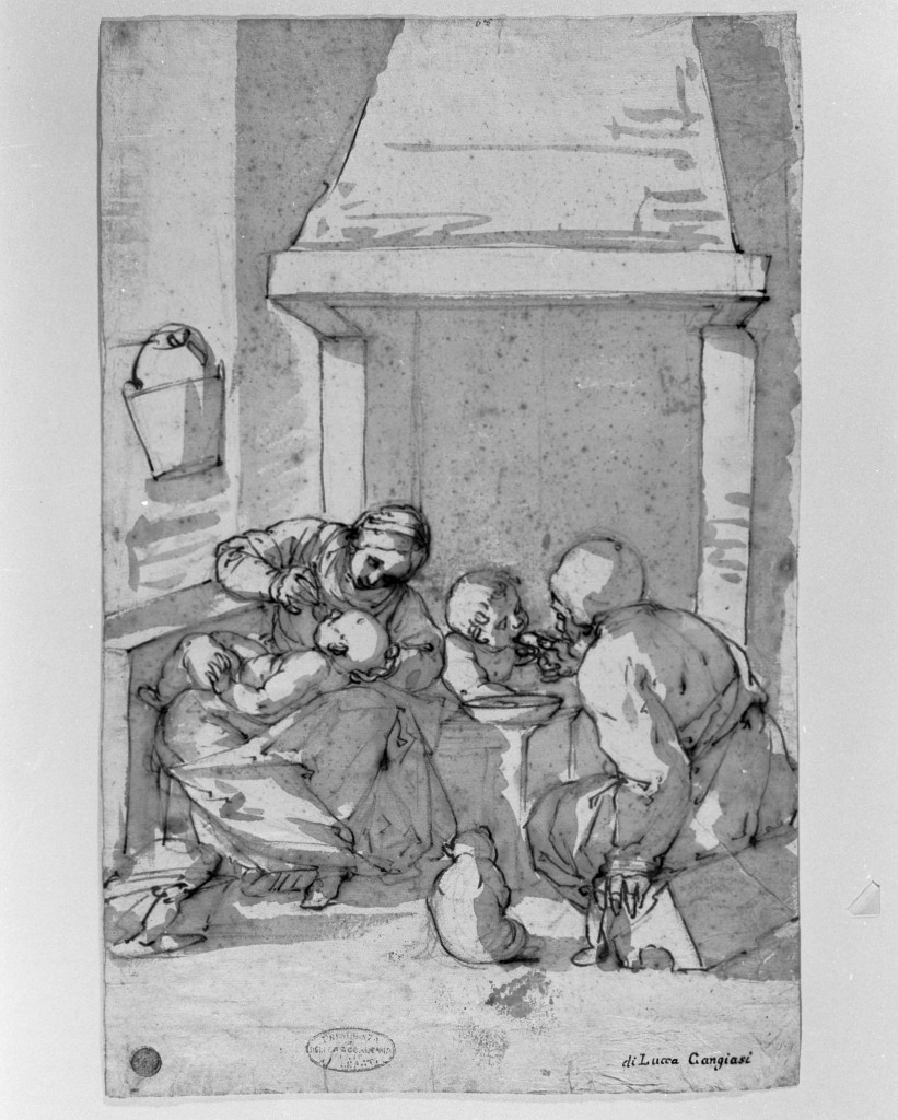 Madonna e Sant'Anna danno da mangiare a Gesù Bambino e San Giovannino, scena familiare (disegno, opera isolata) di Cambiaso Luca (attribuito) (seconda metà sec. XVI)