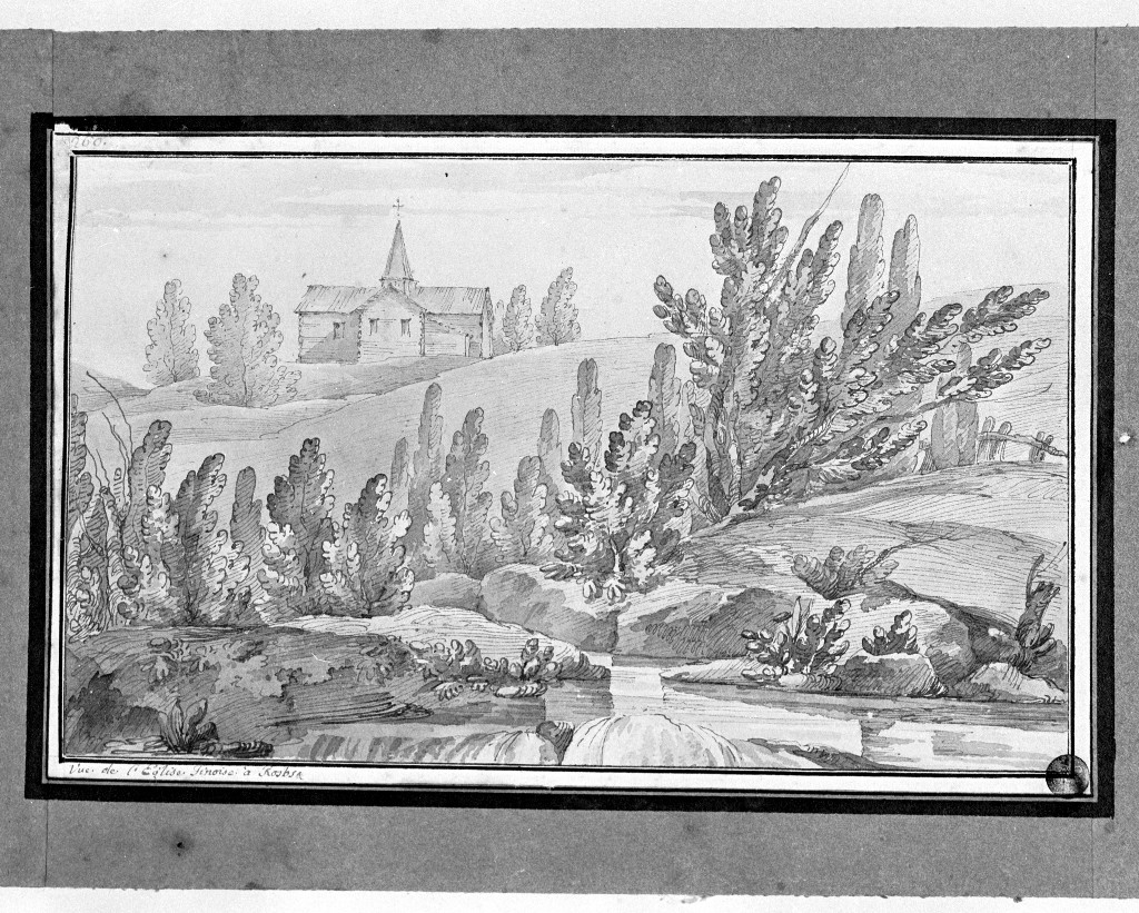 paesaggio con architetture (disegno, opera isolata) di Quarenghi Giacomo (attribuito) (sec. XVIII)