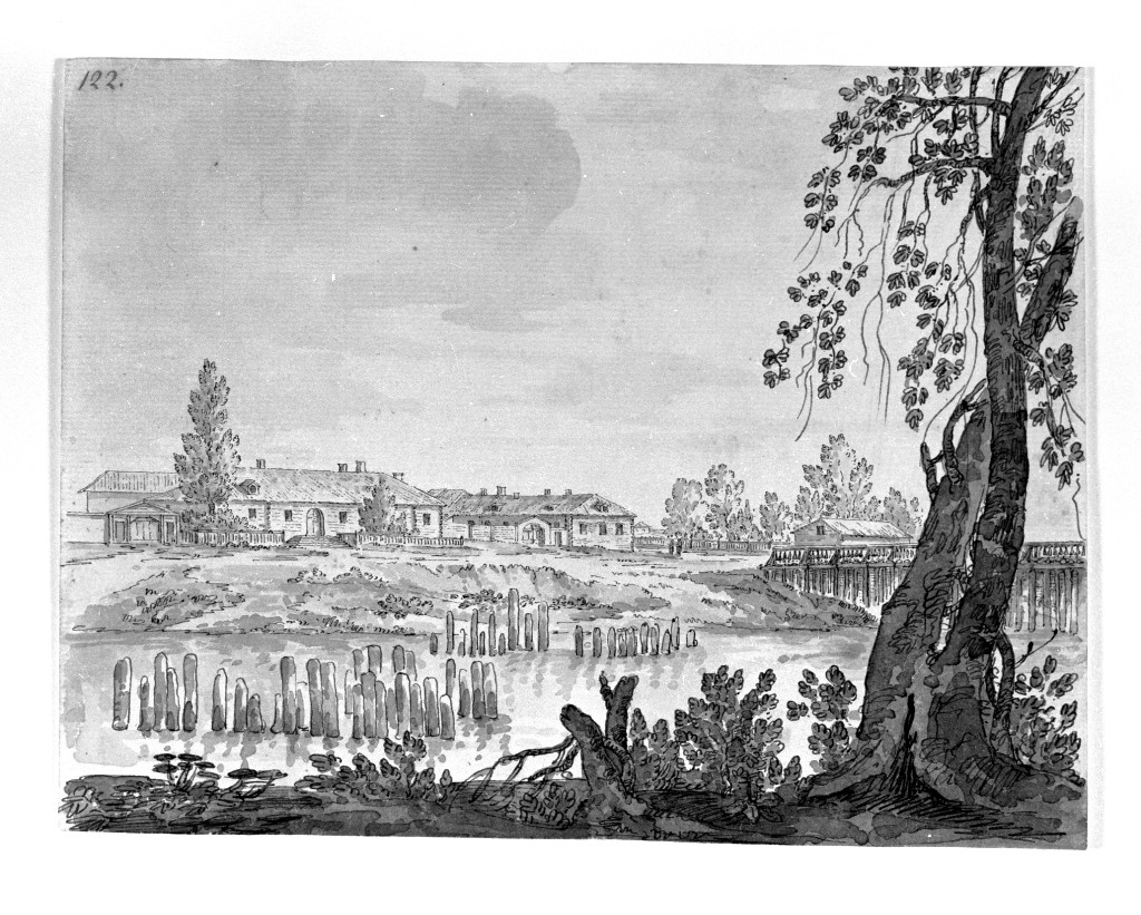 paesaggio fluviale (disegno, opera isolata) di Quarenghi Giacomo (attribuito) (sec. XVIII)