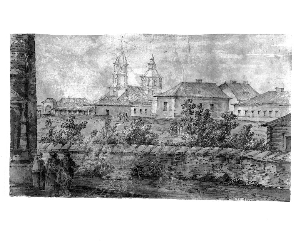 paesaggio con architetture (disegno, opera isolata) di Quarenghi Giacomo (attribuito) (fine sec. XVIII)