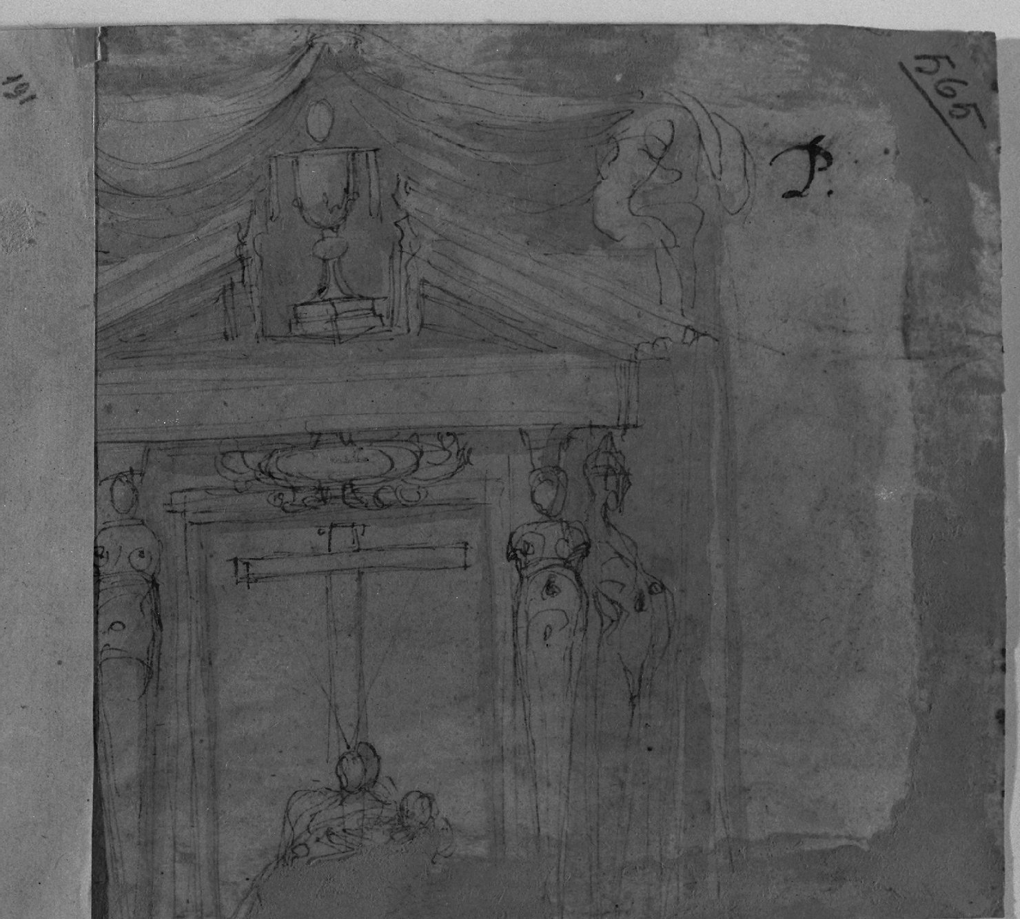 architettura (disegno, elemento d'insieme) di Negretti Jacopo detto Palma il Giovane (fine sec. XVI)