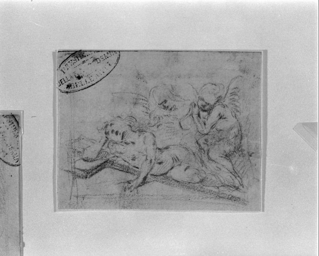 Gesù Bambino dorme sulla croce, Gesù Bambino con angeli (disegno, opera isolata) di Procaccini Ercole il Giovane (secc. XVI/ XVII)