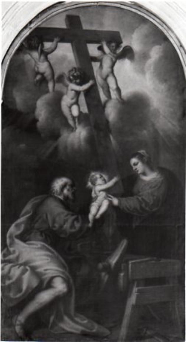 Sacra Famiglia con apparizione della corce, Sacra Famiglia (dipinto, opera isolata) di Varotari Alessandro detto Padovanino (prima metà sec. XVII)