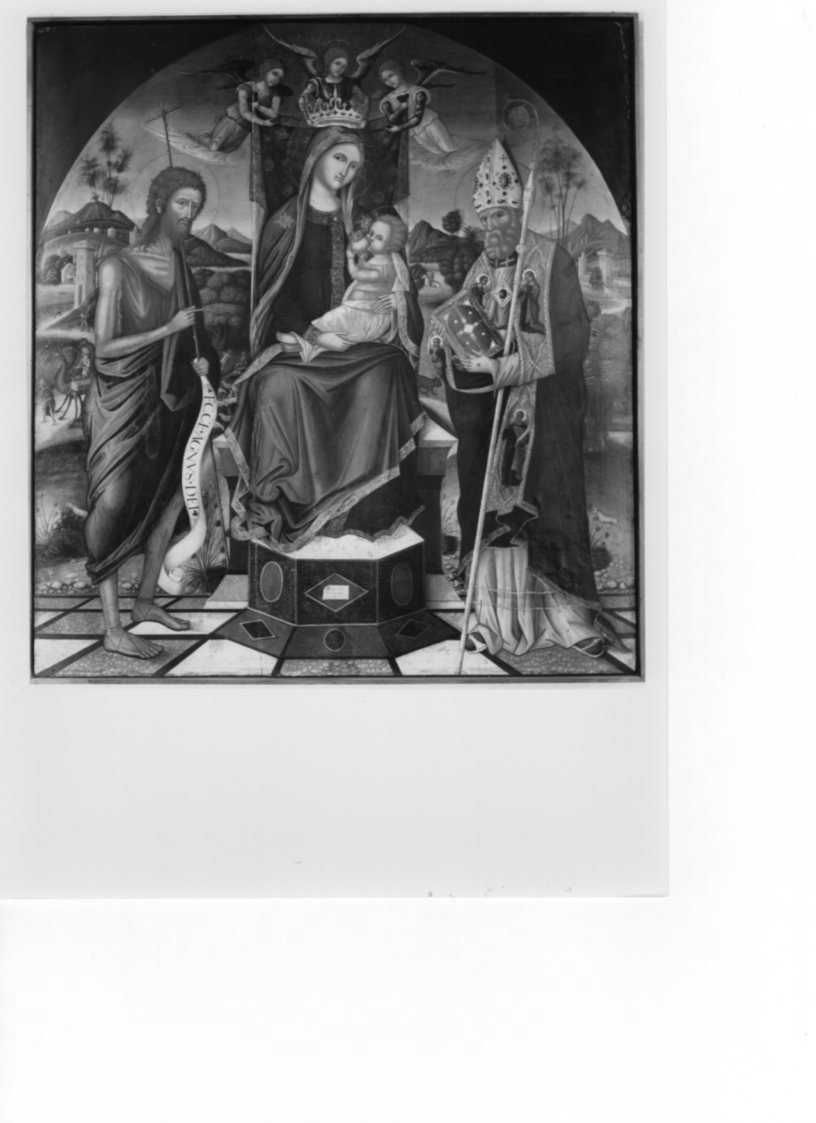 Madonna in trono con Gesù bambino, San Giovanni Battista e Sant'Agostino, Madonna in trono con Gesù bambino, San Giovanni Battista e Sant'Agostino (dipinto, opera isolata) di Permeniates Joannis (fine sec. XVII)