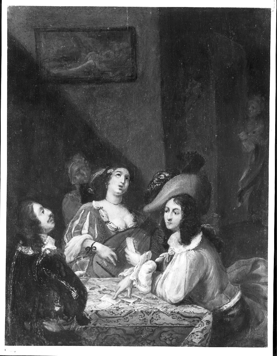 Due cavalieri e donna che canta con liuto (dipinto, opera isolata) - ambito fiammingo (sec. XVII)