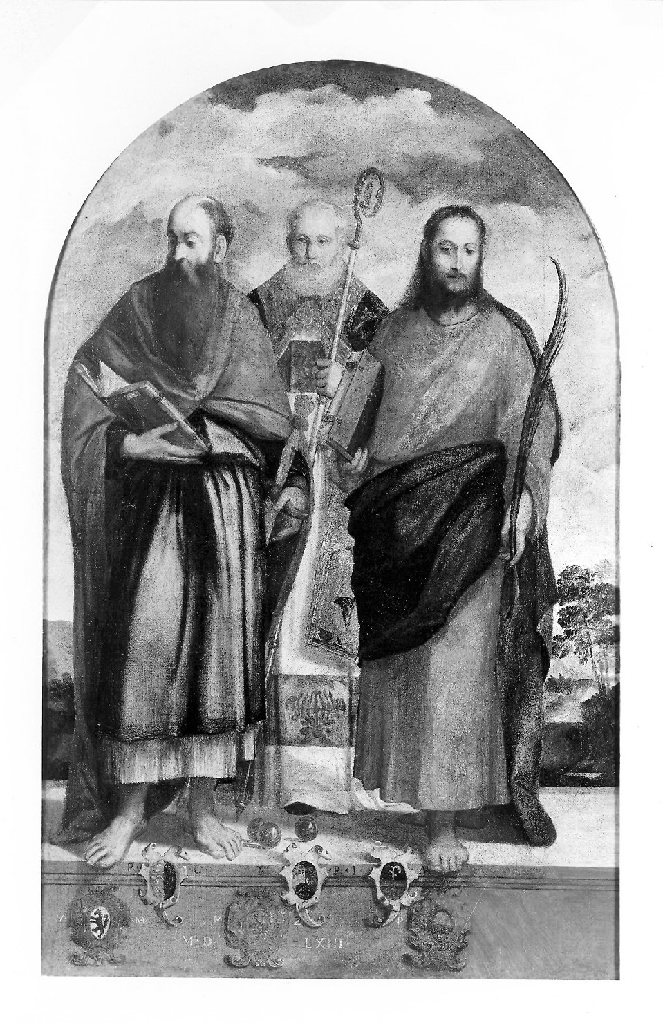 Santi Paolo, Nicola e Giacomo (dipinto, opera isolata) di De' Pitati Bonifacio detto Bonifacio Veronese (bottega) (sec. XVI)