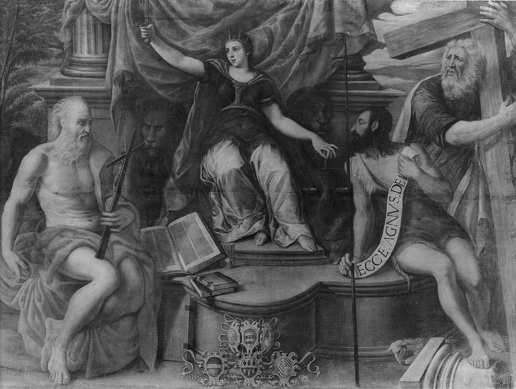 La Giustizia e i santi Girolamo, Giovanni Battista e Andrea, Santi (dipinto, opera isolata) - ambito veneziano (seconda metà sec. XVI)