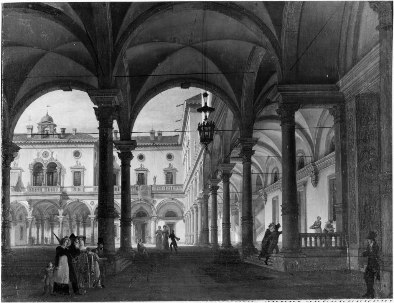 Veduta di un chiostro rinascimentale, veduta di un palazzo (dipinto, opera isolata) di Orsi Tranquillo (attribuito) (secc. XVIII/ XIX)