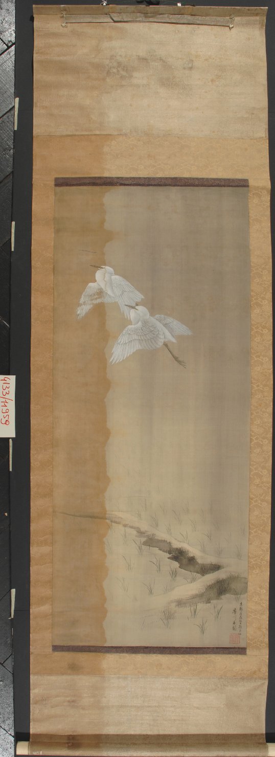 Aironi in volo con la neve, aironi (dipinto) di Kagawa Hoen (sec. XVIII)