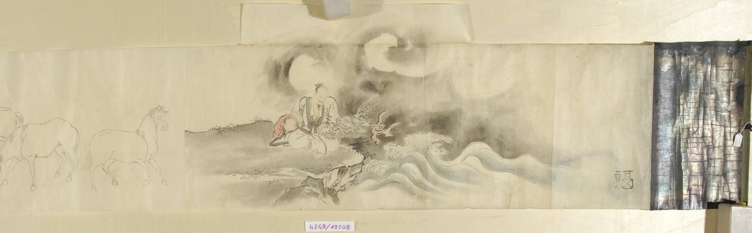Non specifico. Uomo con drago. Cinque cavalli. Quattordici buoi, paesaggio con animali (dipinto) di Tansetsu (scuola) (primo quarto sec. XVIII)