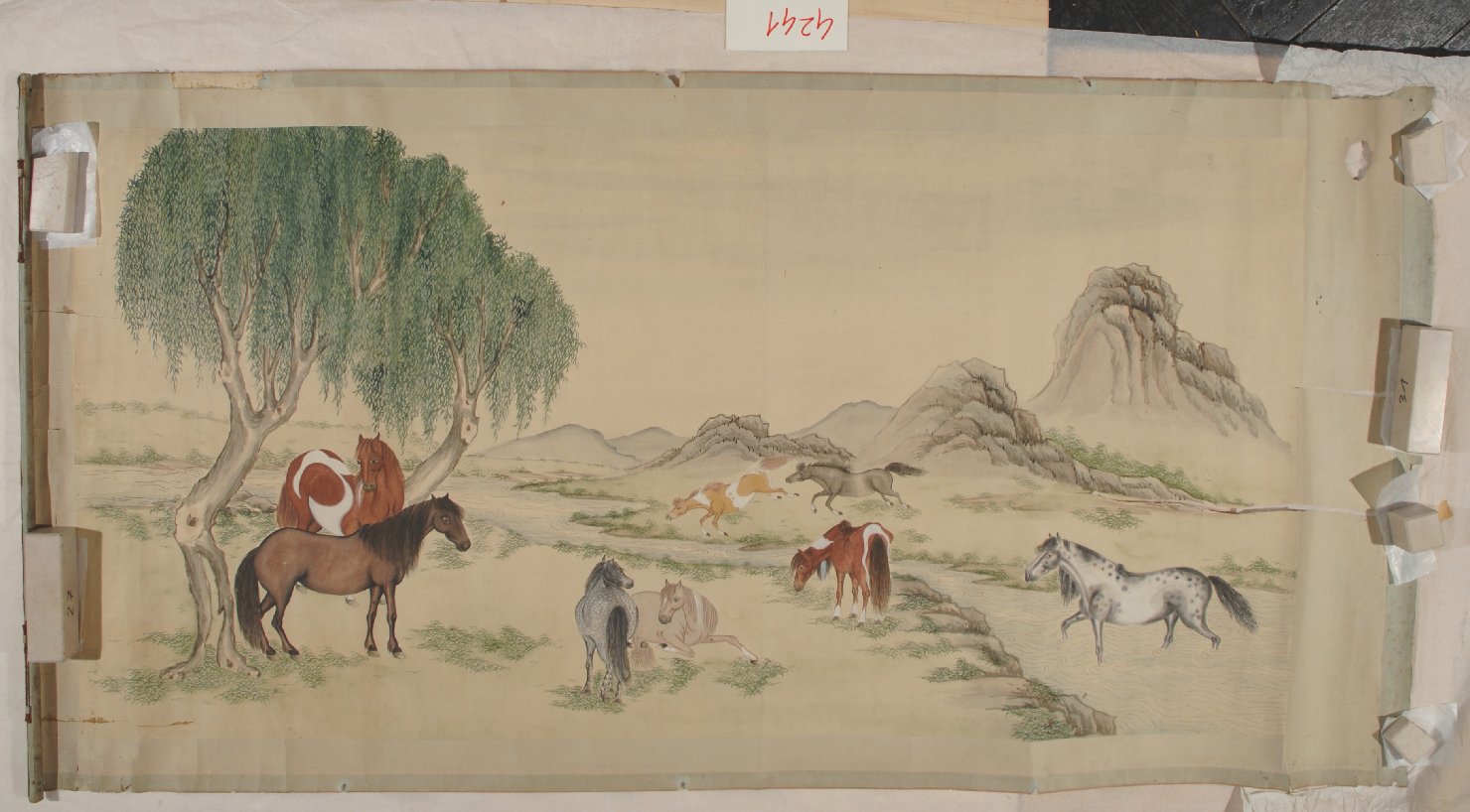 Paesaggio con cavalli e fiume, cavalli (dipinto) - ambito giapponese (sec. XX)