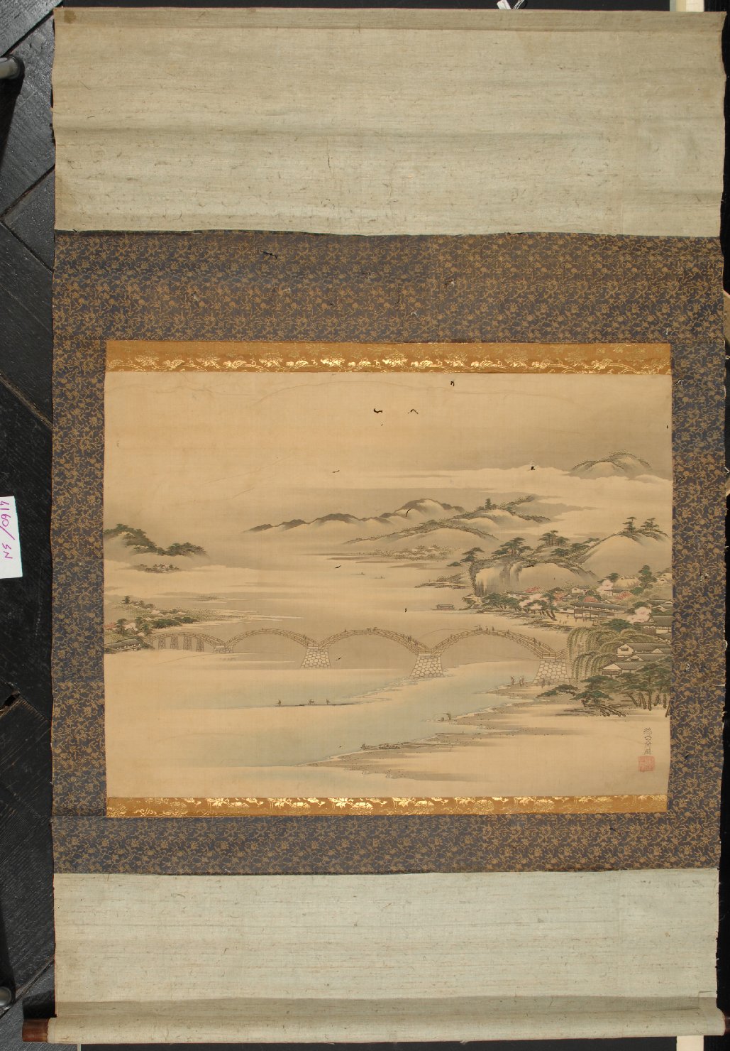 Paesaggio fluviale con ponte, paesaggio con fiume e ponte (dipinto) - ambito giapponese (sec. XVIII)