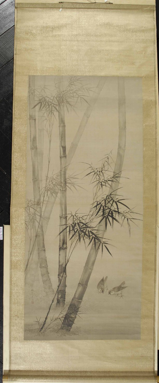 Piante di bambù nella nebbia con due passeri, bambù e uccelli (dipinto) di Nankoku (seconda metà sec. XIX)