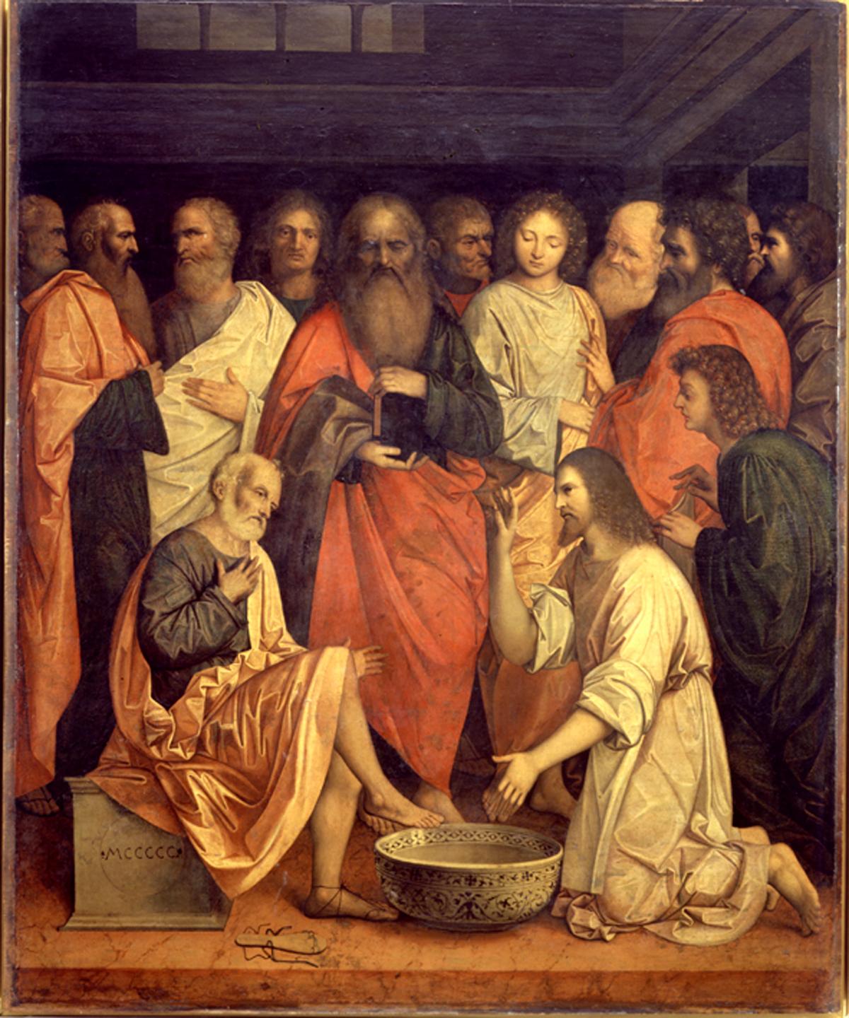 Cristo che lava i piedi agli Apostoli, Cristo lava i piedi degli apostoli (dipinto) di Giovanni Agostino da Lodi (sec. XVI)