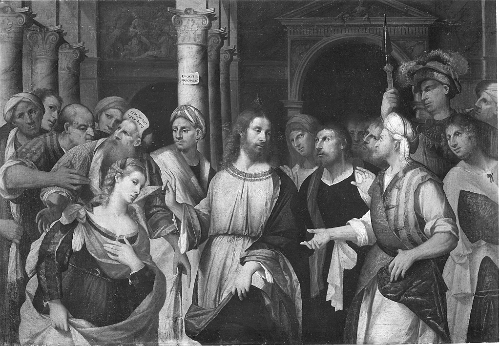 Cristo e l'adultera (dipinto, opera isolata) di Marconi Rocco (primo quarto sec. XVI)