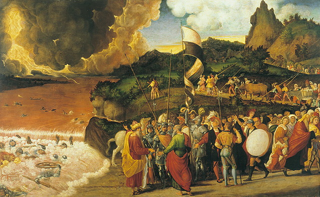 passaggio del mar Rosso (dipinto, opera isolata) di Previtali Andrea detto Cordeliaghi (attribuito) (sec. XVI)