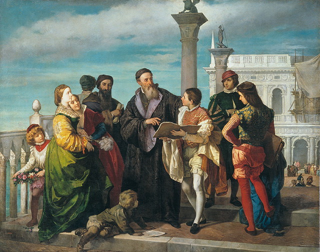 incontro di Paolo Caliari giovanetto con Tiziano sul ponte della Paglia (dipinto, opera isolata) di Zona Antonio (attribuito) (seconda metà sec. XIX)