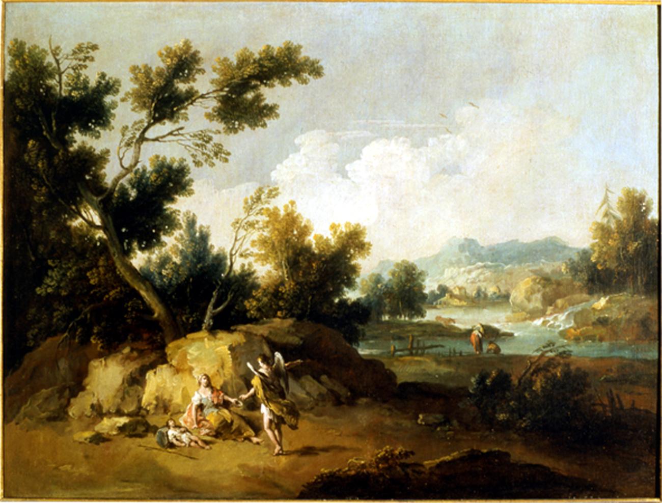 Paesaggio con Agar e l'angelo, Agar nel deserto è persuasa dall'angelo a tornare indietro (dipinto) di Zais Giuseppe (sec. XVIII)