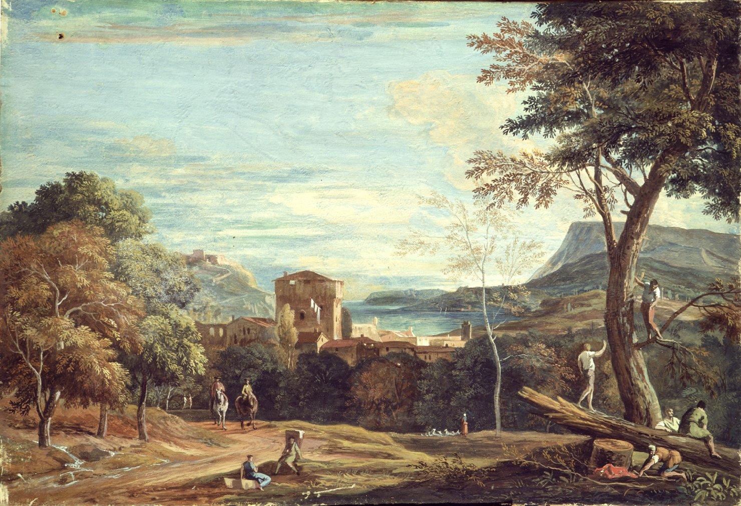 Paesaggio con boscaioli e cavalieri, paesaggio (dipinto) di Ricci Marco (sec. XVIII)