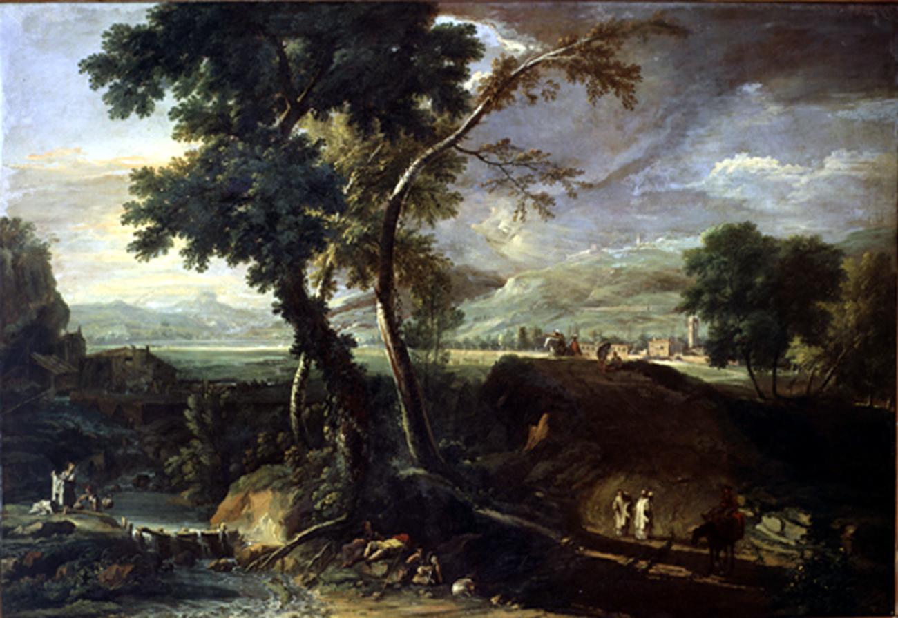 Paesaggio con torrente, monaci e lavandaie, paesaggio (dipinto) di Ricci Marco (sec. XVIII)