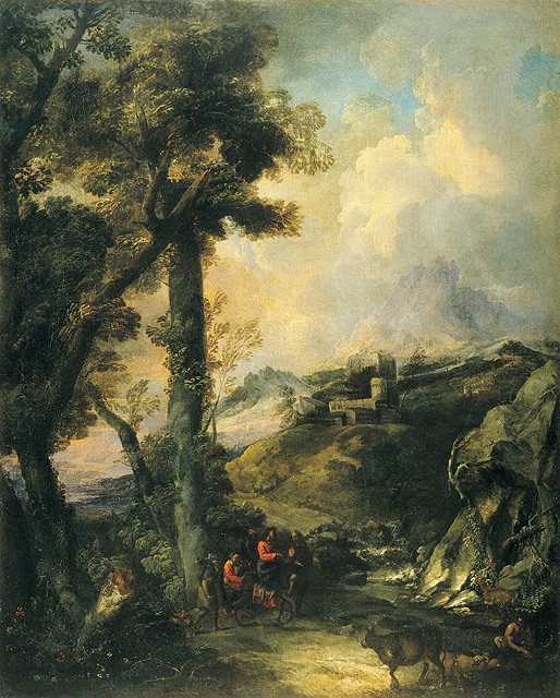 Paesaggio con viandanti, paesaggio (dipinto, opera isolata) di Ricci Marco (cerchia) (secc. XVII/ XVIII)