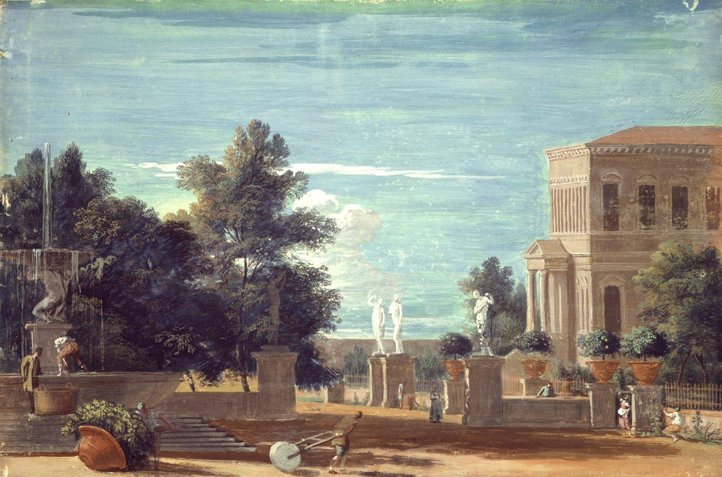 Parco di una villa, giardino all'italiana (dipinto) di Ricci Marco (sec. XVIII)