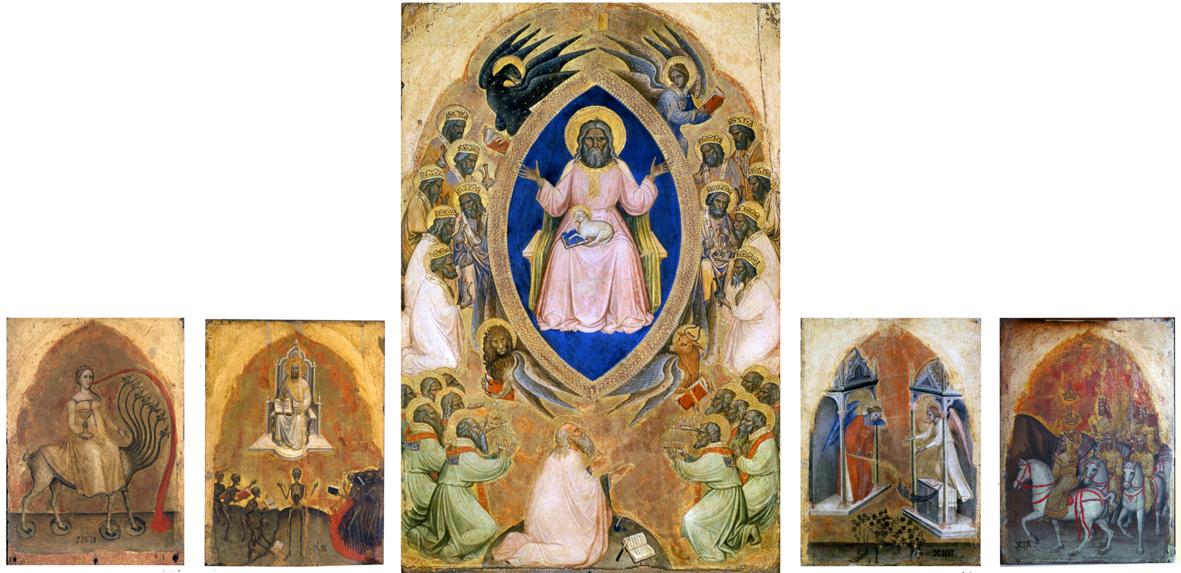 Polittico dell'Apocalisse: La cavalcata, cavalieri dell'Apocalisse (dipinto) di Alberegno Jacobello (sec. XIV)