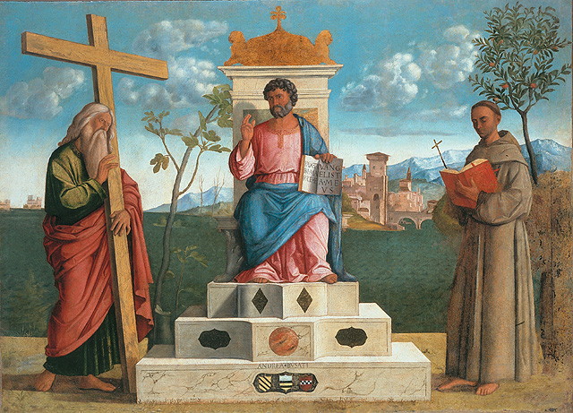 San Marco in trono tra Sant'Andrea e San Francesco d'Assisi, Santi (dipinto, opera isolata) di Busati Andrea (attribuito) (prima metà sec. XVI)